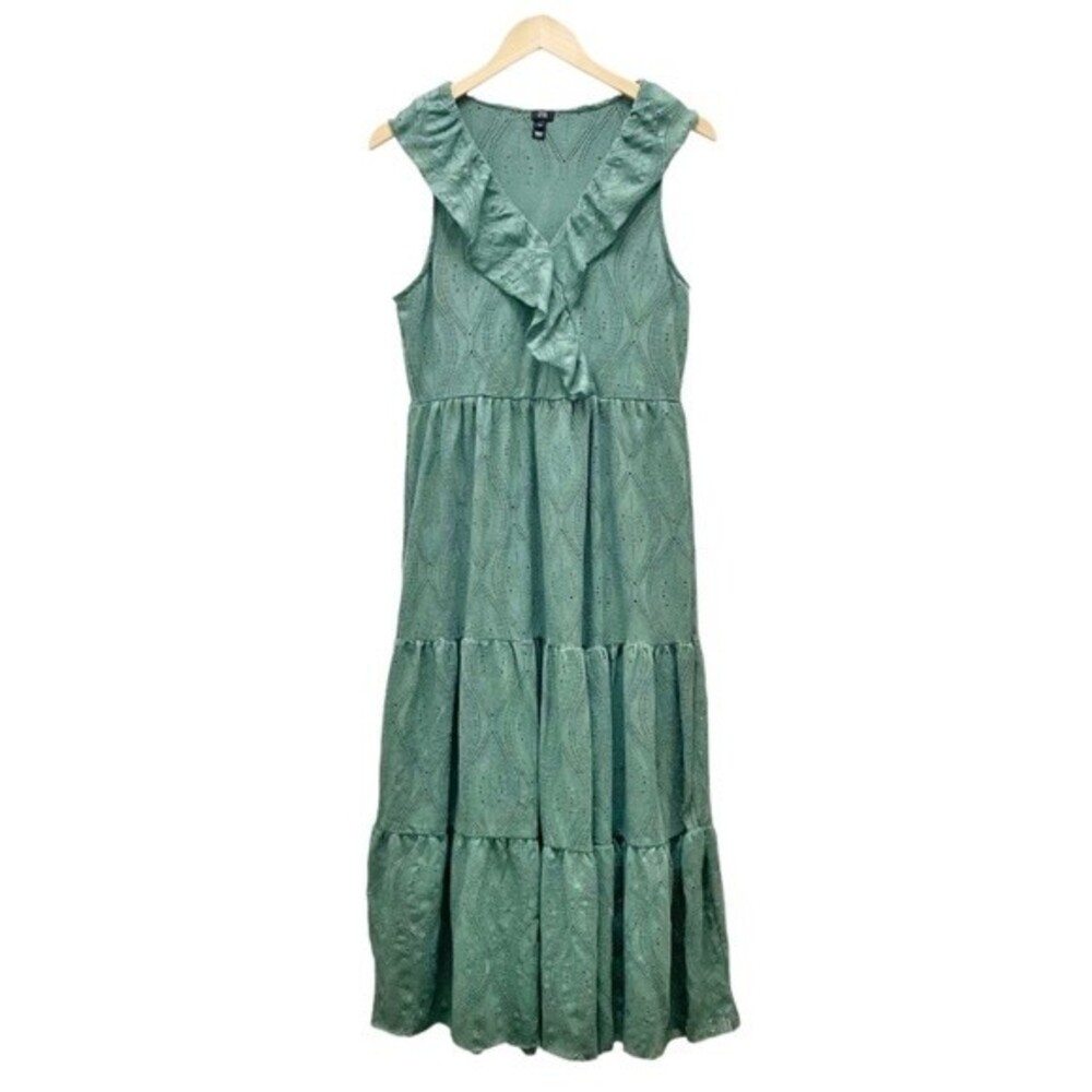 River Island Stretch Lace Ruffled Sleeveless Midi Dress Jade Green Women’s Sz 14